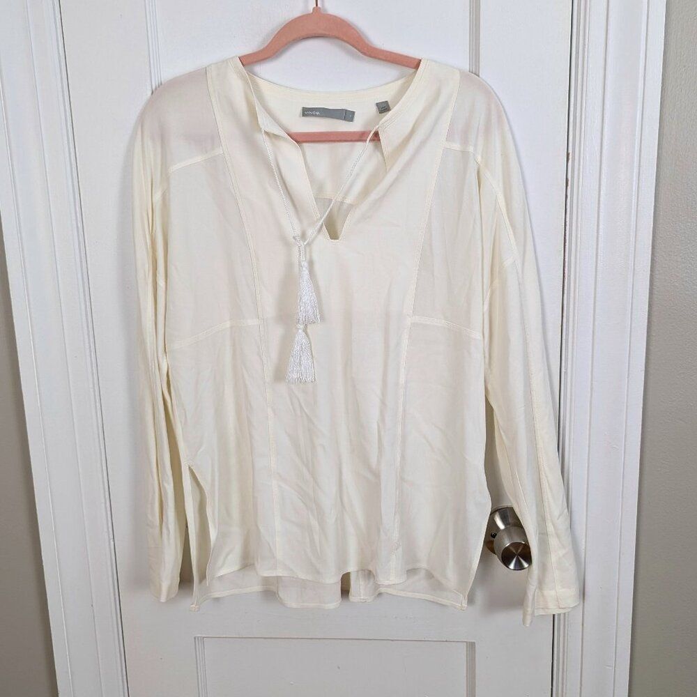 Vince | Cream Long Sleeve V-Neck Tassel Blouse Size Small